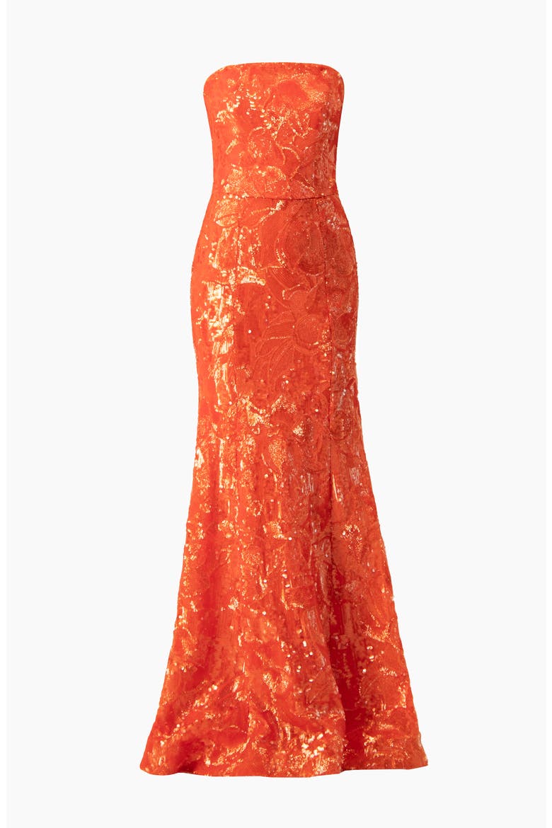 Strapless Sequin Floral Brocade Gown, Alternate, color, Orange Red