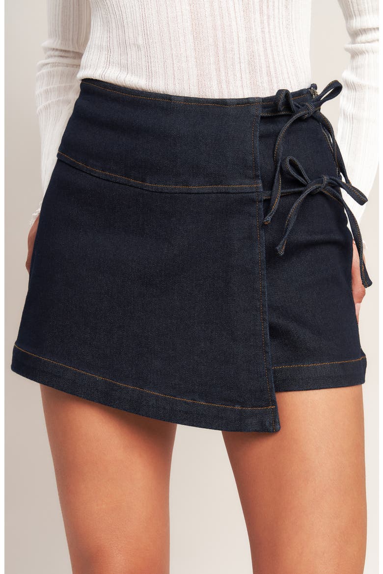 Tie Front Denim Skort, Alternate, color, DARK INDIGO