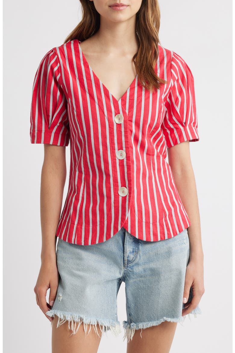 Stripe Organic Cotton & Linen Button-Up Top, Main, color, RED