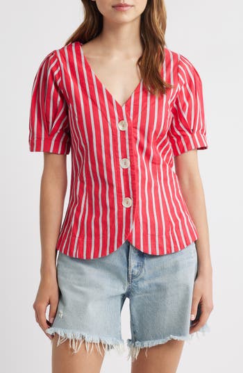 Damson Madder Womens Shell Stripe-print Cotton And Linen-blend Blouse In Red