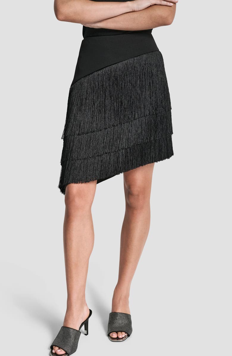 DKNY Tiered Fringe Skirt, Main, color, Black