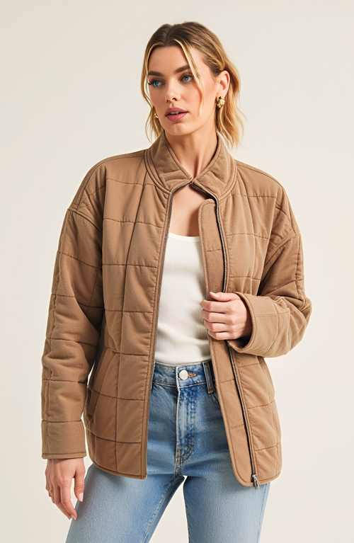 Modenaire Quilted Zip-up Stand Collar Square Stitch Detailing Jacket In Brown