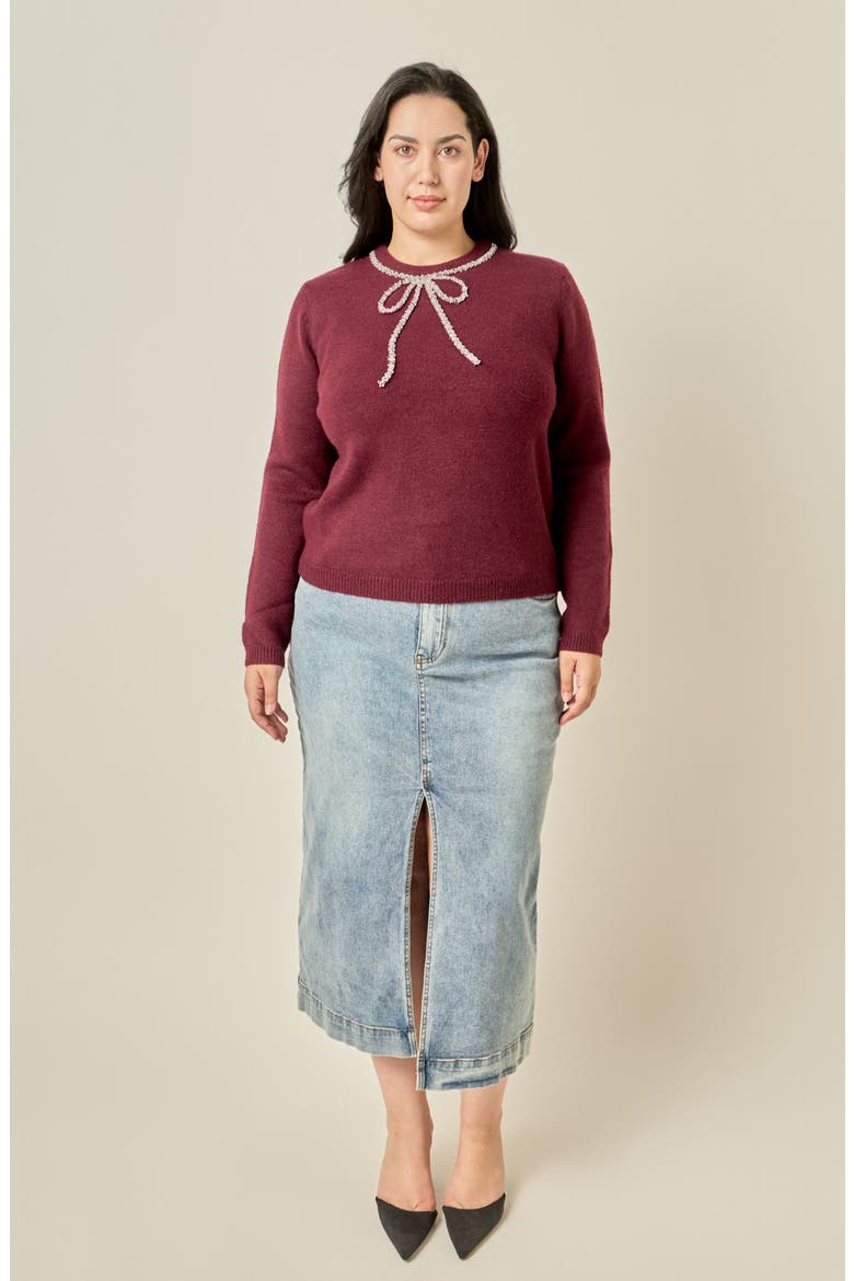 Rhinestone Bow Sweater, Alternate, color, WINE