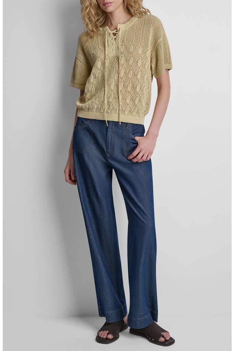 Lace-Up Placket Short Sleeve Semisheer Cotton Blend Pointelle Sweater, Alternate, color, MOJAVE DESERT