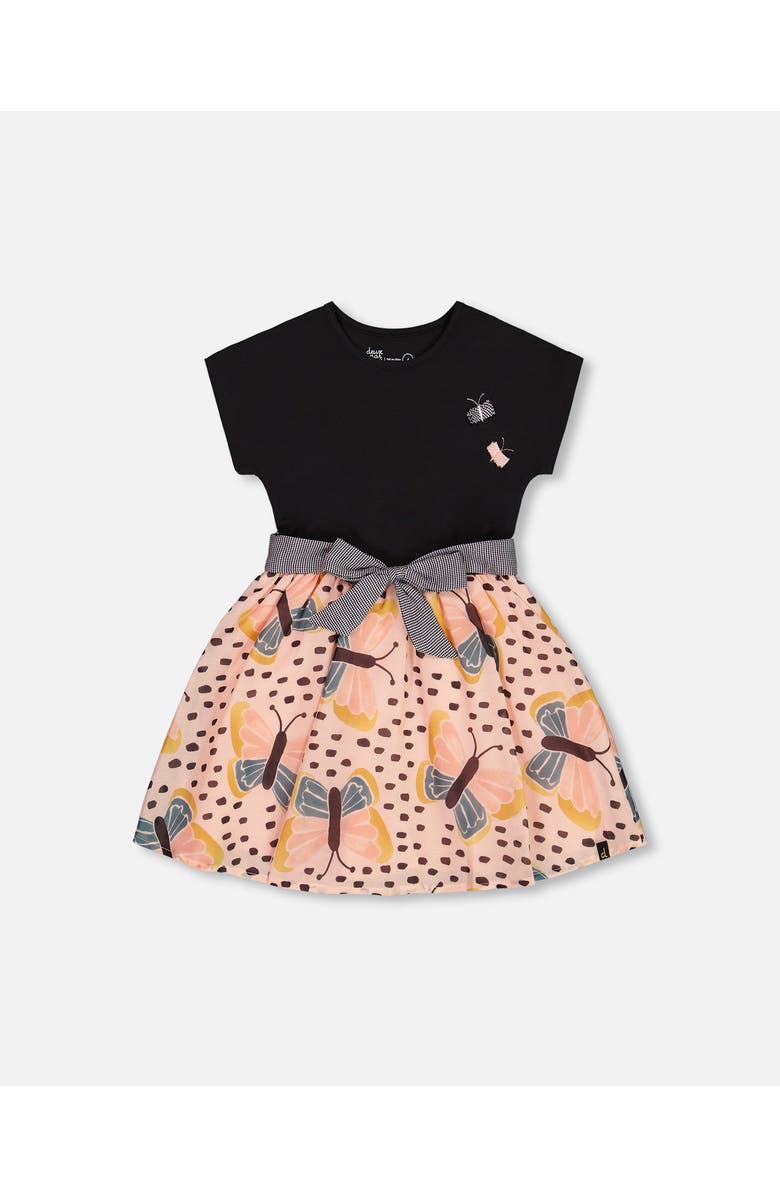 Deux par Deux Little Girl's Bi-Material Dress With Printed Skirt Black, Pink, And Butterflies, Main, color, 