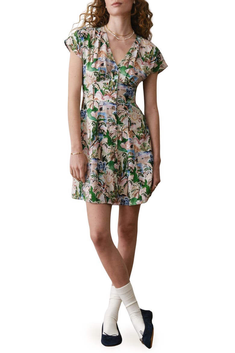 Camila Print Button Front Hemp Blend Minidress, Main, color, WATERCOLOR PALM