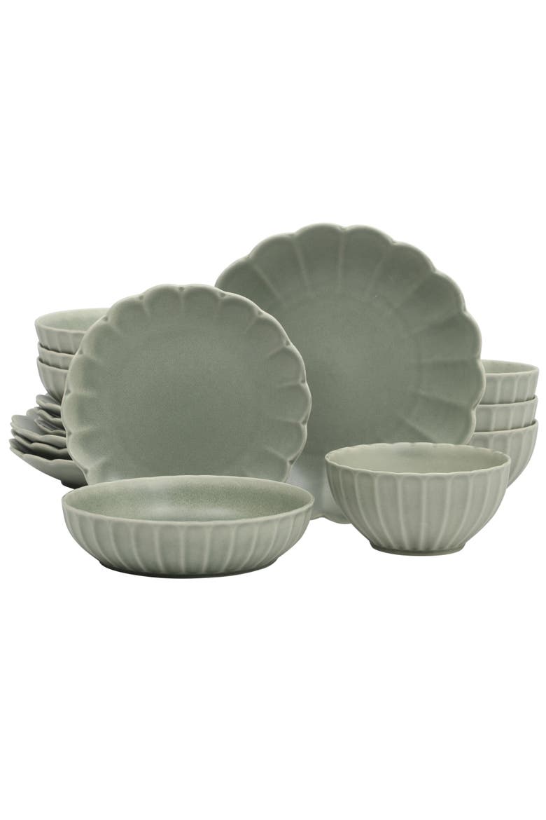 Malibu Shore 16-Piece Stoneware Plates and Bowls Dinnerware Set, Main, color, Green