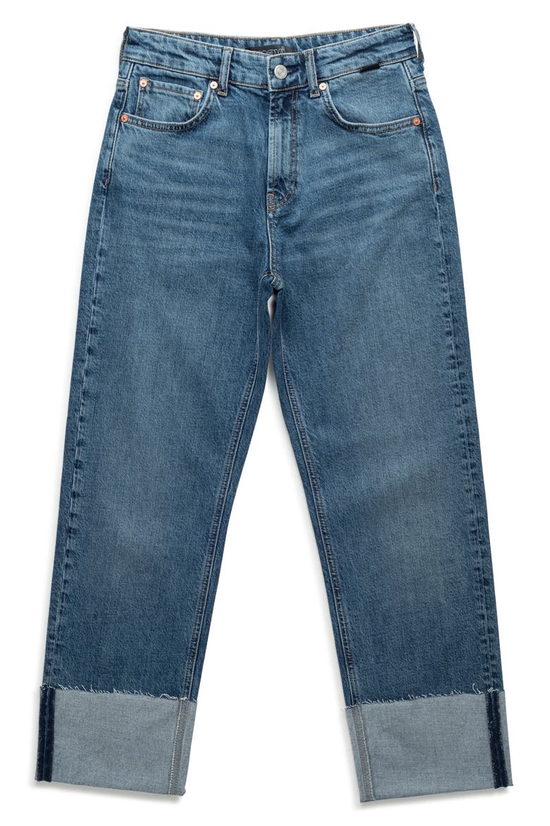Savannah Cuff High Waist Raw Hem Wide Leg Jeans, Alternate, color, SHADED CLASSIC BLUE
