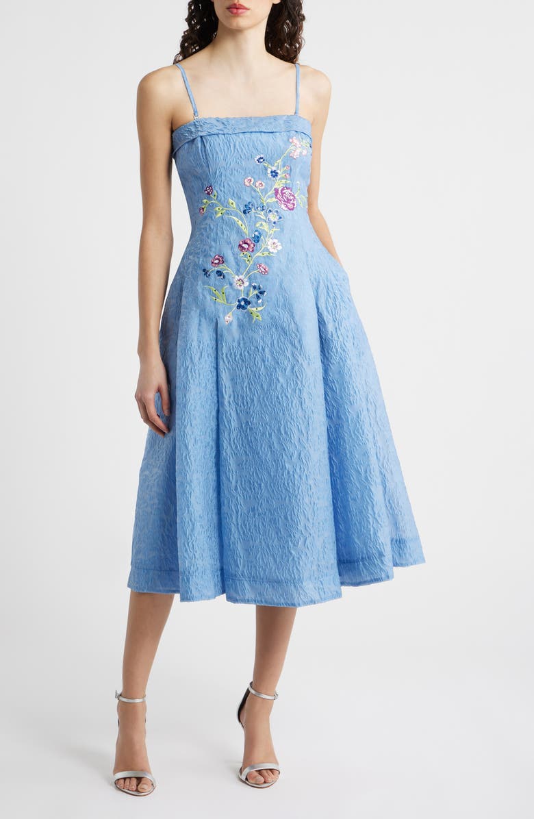 Tahari ASL Rhinestone Floral Embroidery Strapless Floral Jacquard Cocktail Dress, Alternate, color, Riverside Blue