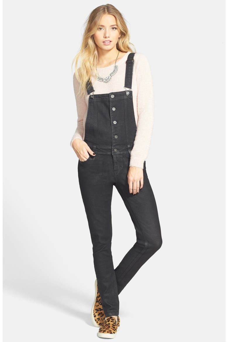 Fire Button Front Denim Overalls, Main, color, BLACK