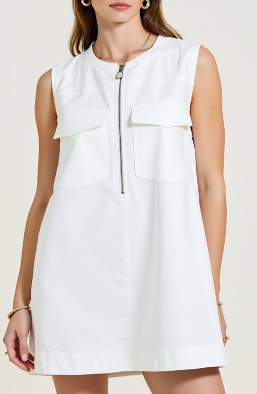 Modenaire Sleeveless Mini Dress With Zip Front And Patch Pockets In White