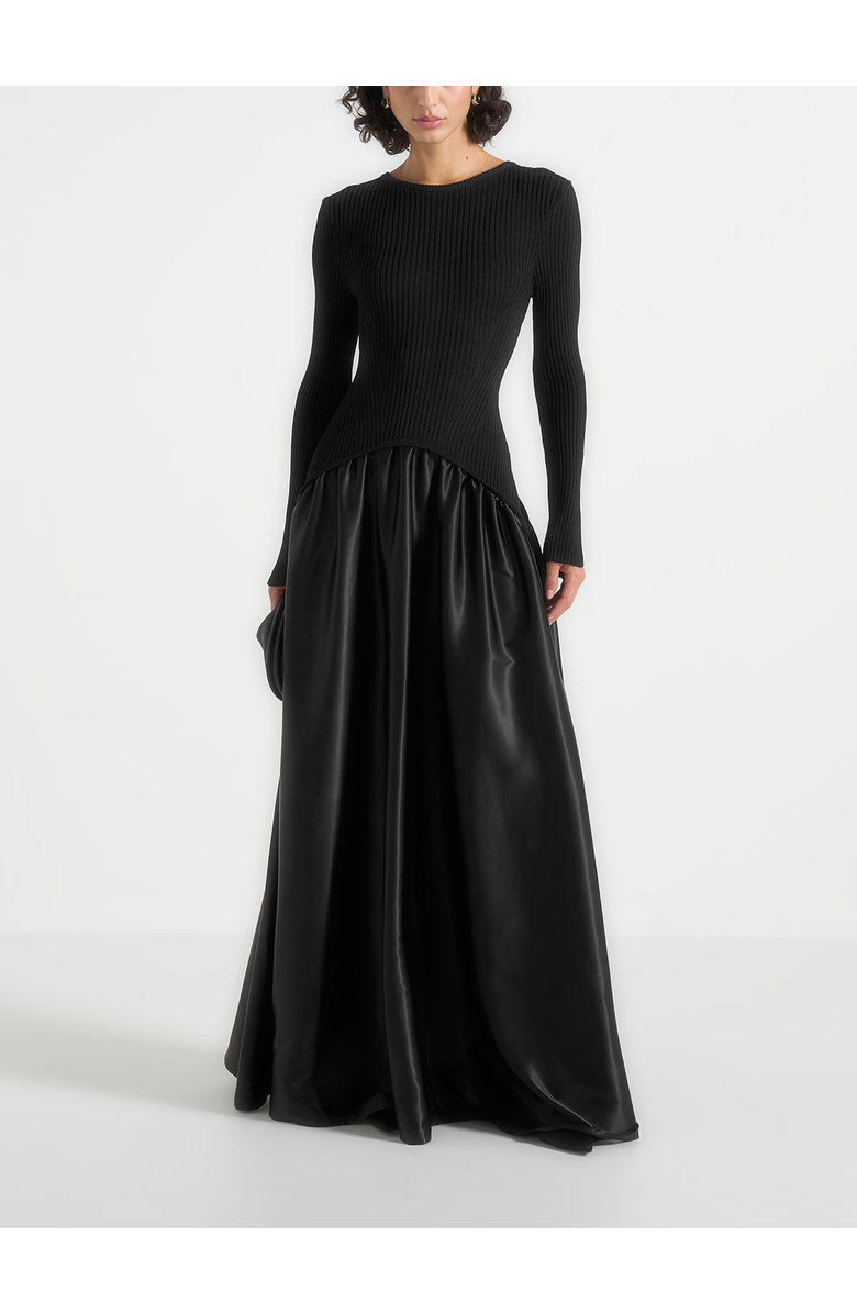 Manière De Voir Adeline Knit & Satin Curved Hem Maxi Dress, Main, color, Black