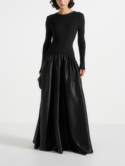 Adeline Knit & Satin Curved Hem Maxi Dress