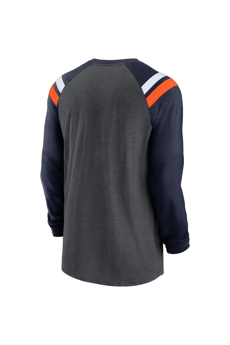 Men's Nike Heathered Charcoal/Navy Denver Broncos Tri-Blend Raglan Athletic Long Sleeve Fashion T-Shirt, Alternate, color, Heather Charcoal