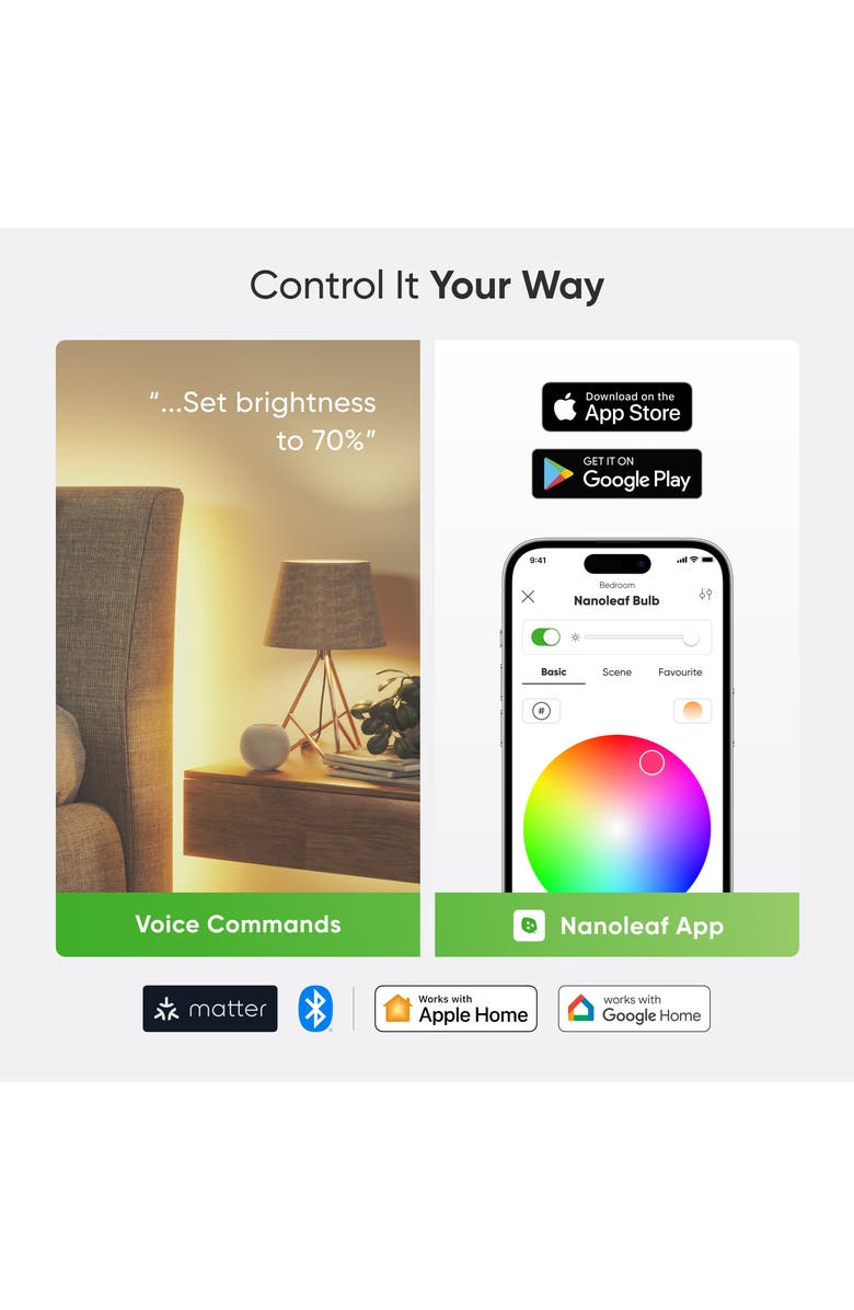 Nanoleaf Caveman Matter & Wi-Fi A19 Smart LED Light Bulb, Alternate, color, Multicolor