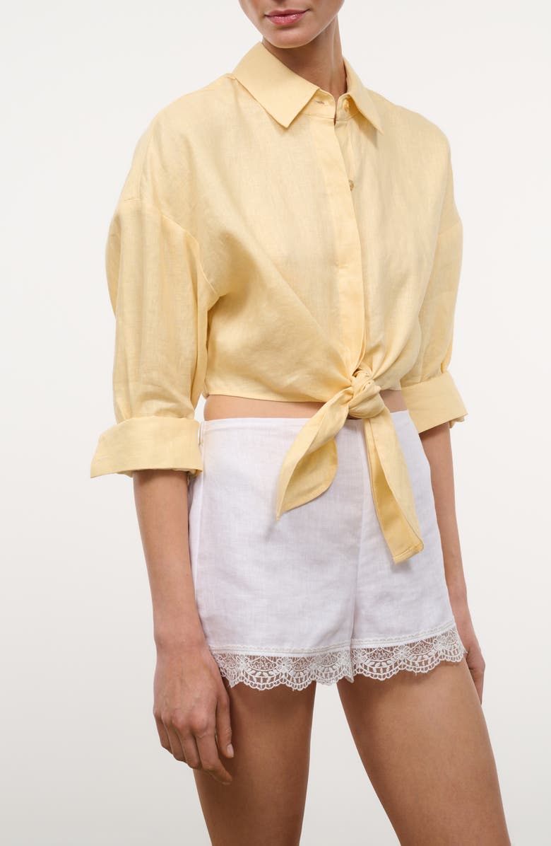 STAUD Lisa Tie Front Linen Button-Up Top, Alternate, color, Butter