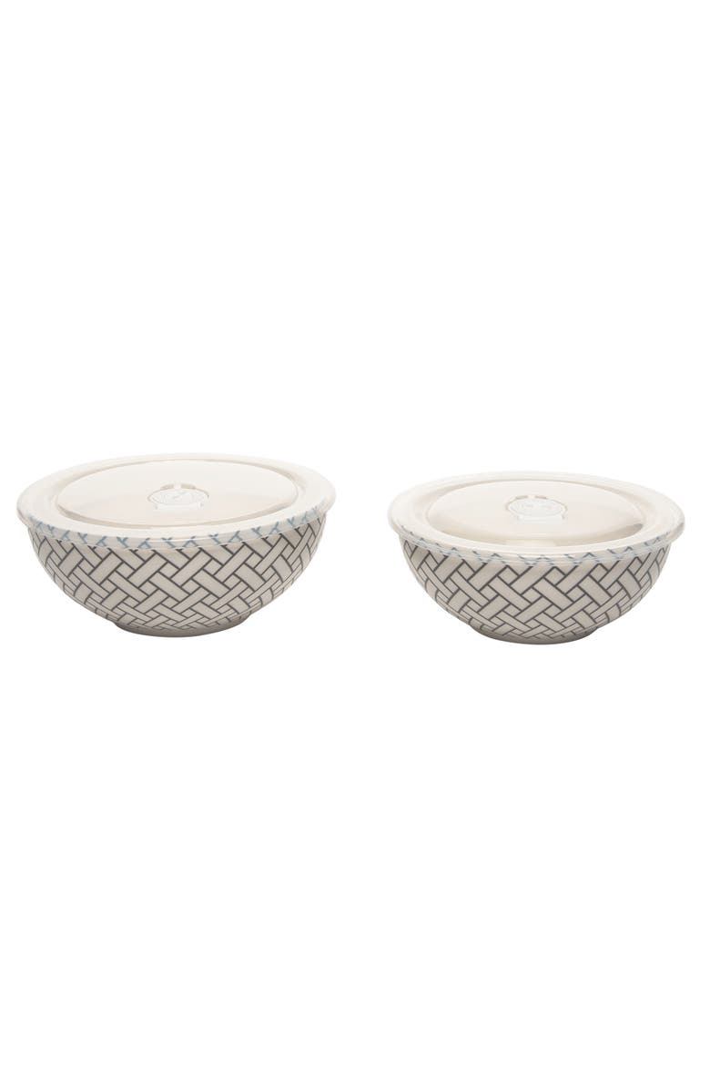 Lattice Pattern Bowls w/ Plastic Lid Set of 2 Ceramic White 25.7 oz, Main, color, White
