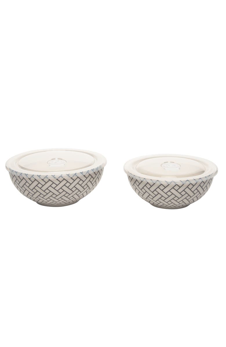 Totalee Gift Lattice Pattern Bowls w/ Plastic Lid Set of 2 Ceramic White 25.7 oz, Main, color, White