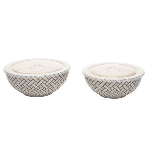 Lattice Pattern Bowls w/ Plastic Lid Set of 2 Ceramic White 25.7 oz