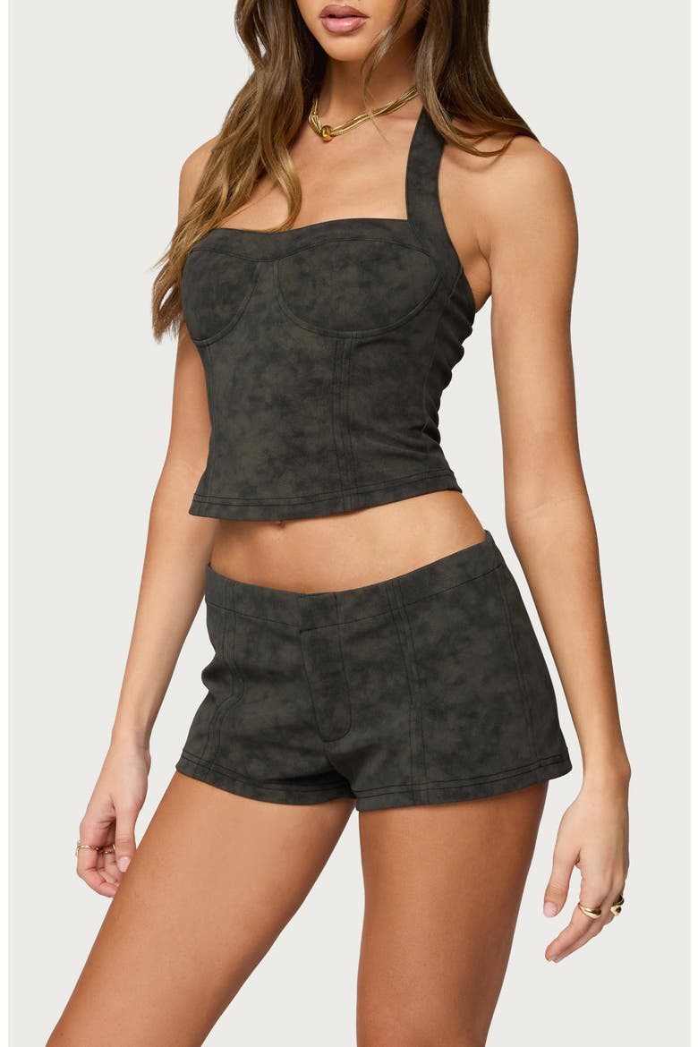 Taia Distressed Faux Leather Crop Corset, Alternate, color, DARK-BROWN