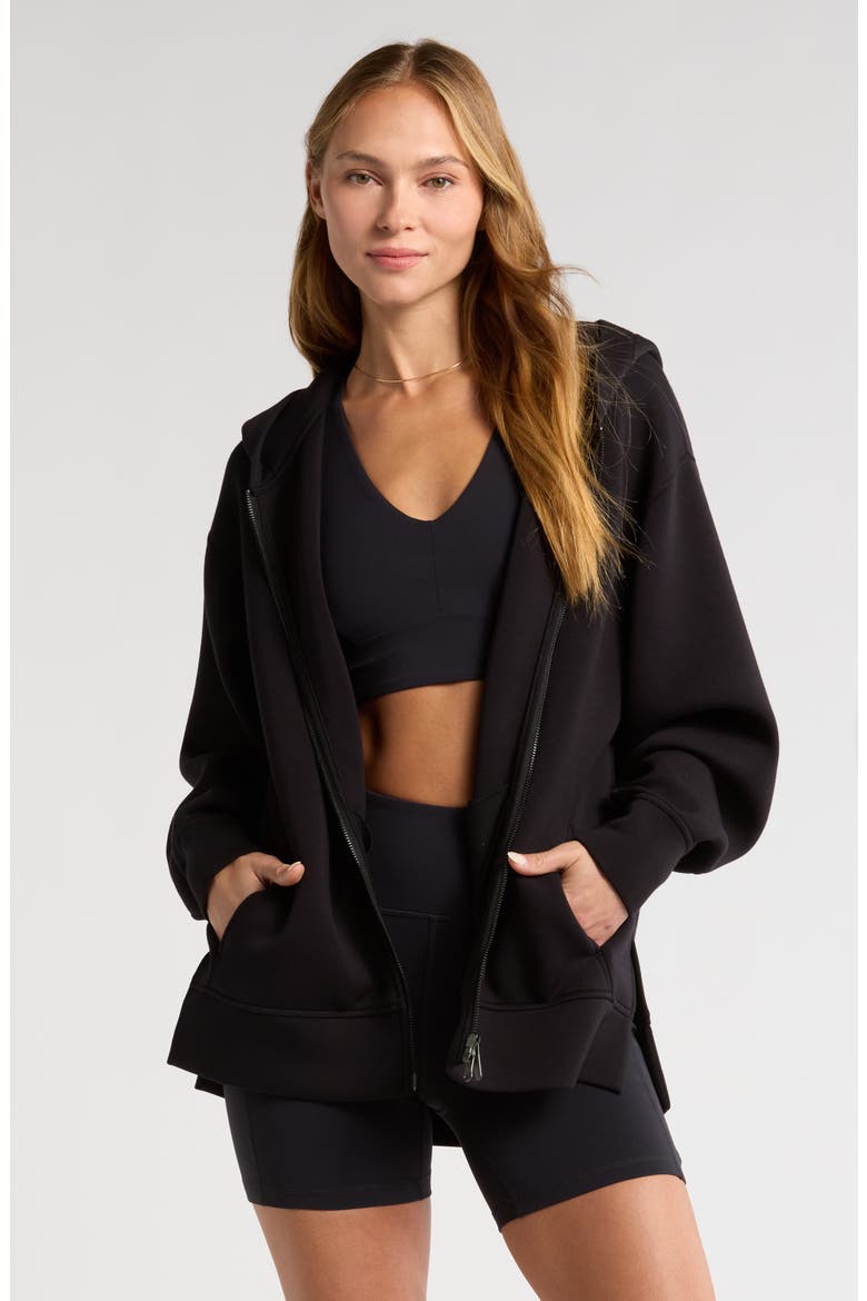 Relaxed Fit High-Low Zip Hoodie, Main, color, BLACK