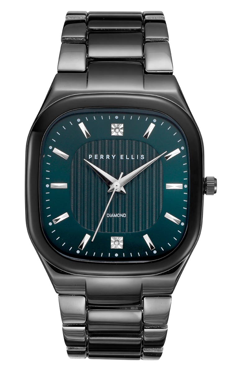 Perry Ellis Slim Square Diamond Bracelet Watch, 40mm, Main, color, Aqua/ Gunmetal