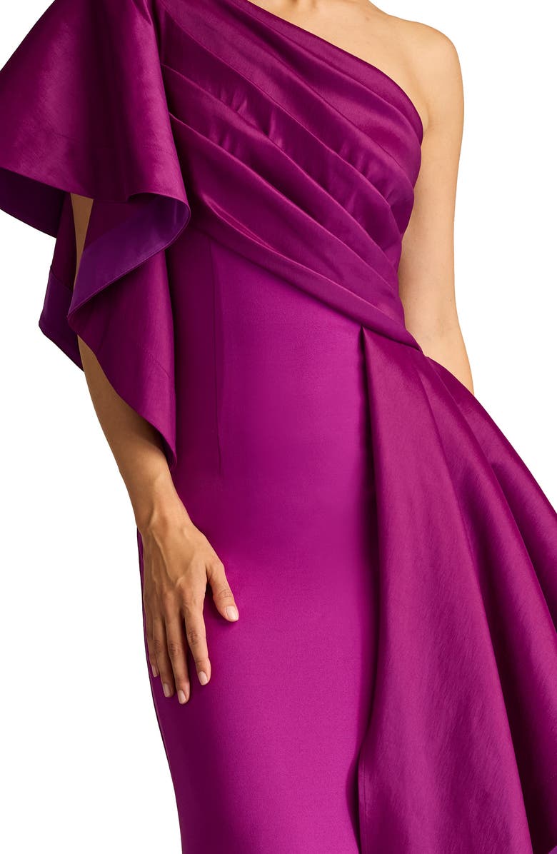 Tadashi Shoji Draped One-Shoulder Mixed Media Gown, Alternate, color, Magenta