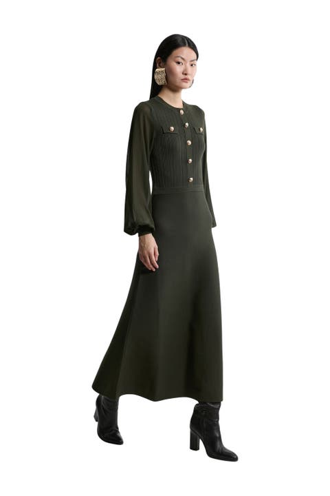 Military Trim Chiffon Sleeve Knit Dress