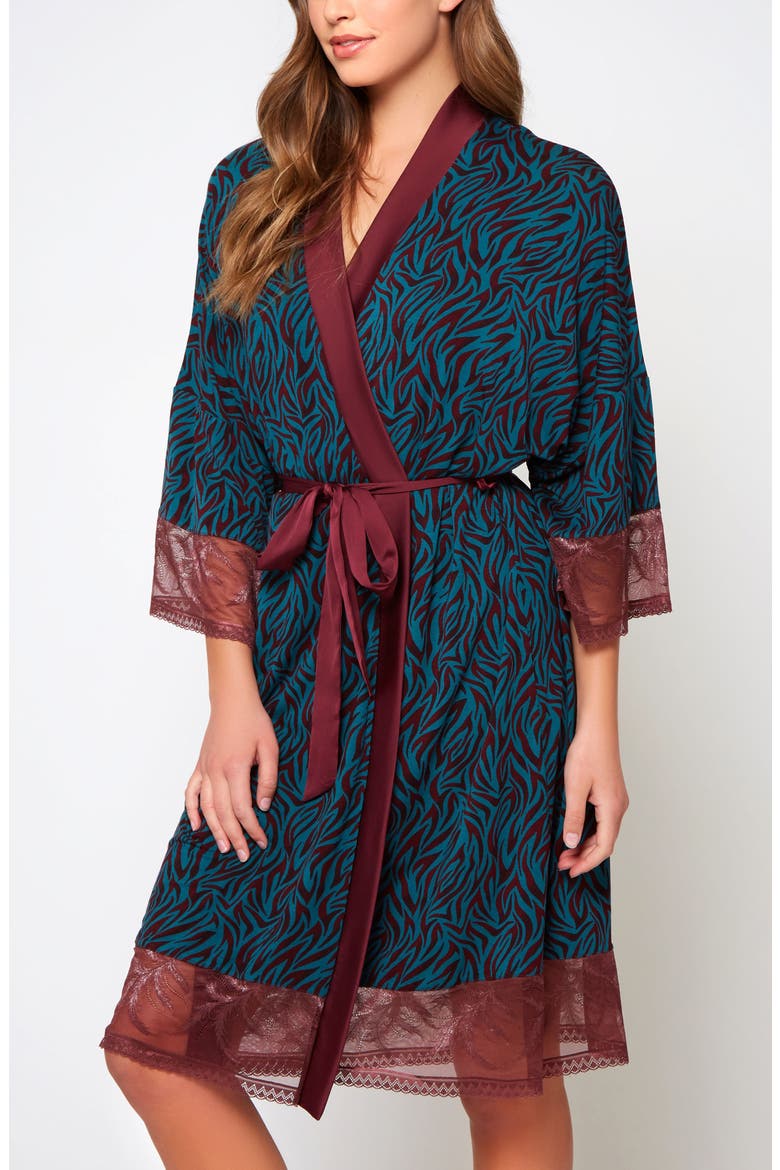 Zebra Print Lace-Trim Robe, Main, color, Teal-Burgundy