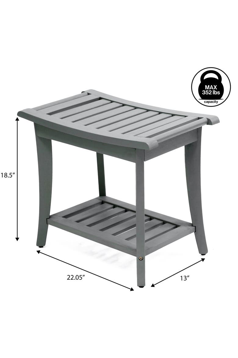 Tucker Modern Acacia Wood Shower Bench with Storage Shelf, Water-Resistant 2-Tier Spa Bath Stool for Bathroom and Outdoor Use, Alternate, color, Gray