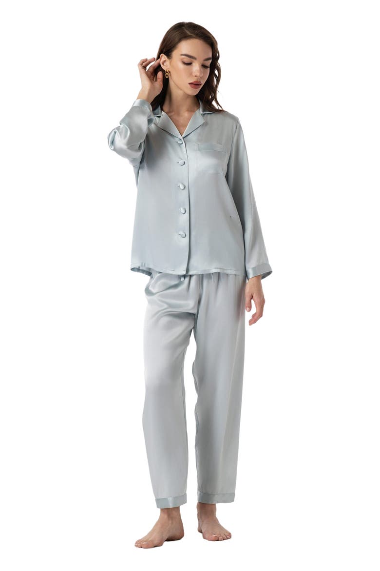 Silk Button Up Collared Women's Pajama Set, Alternate, color, Light Blue
