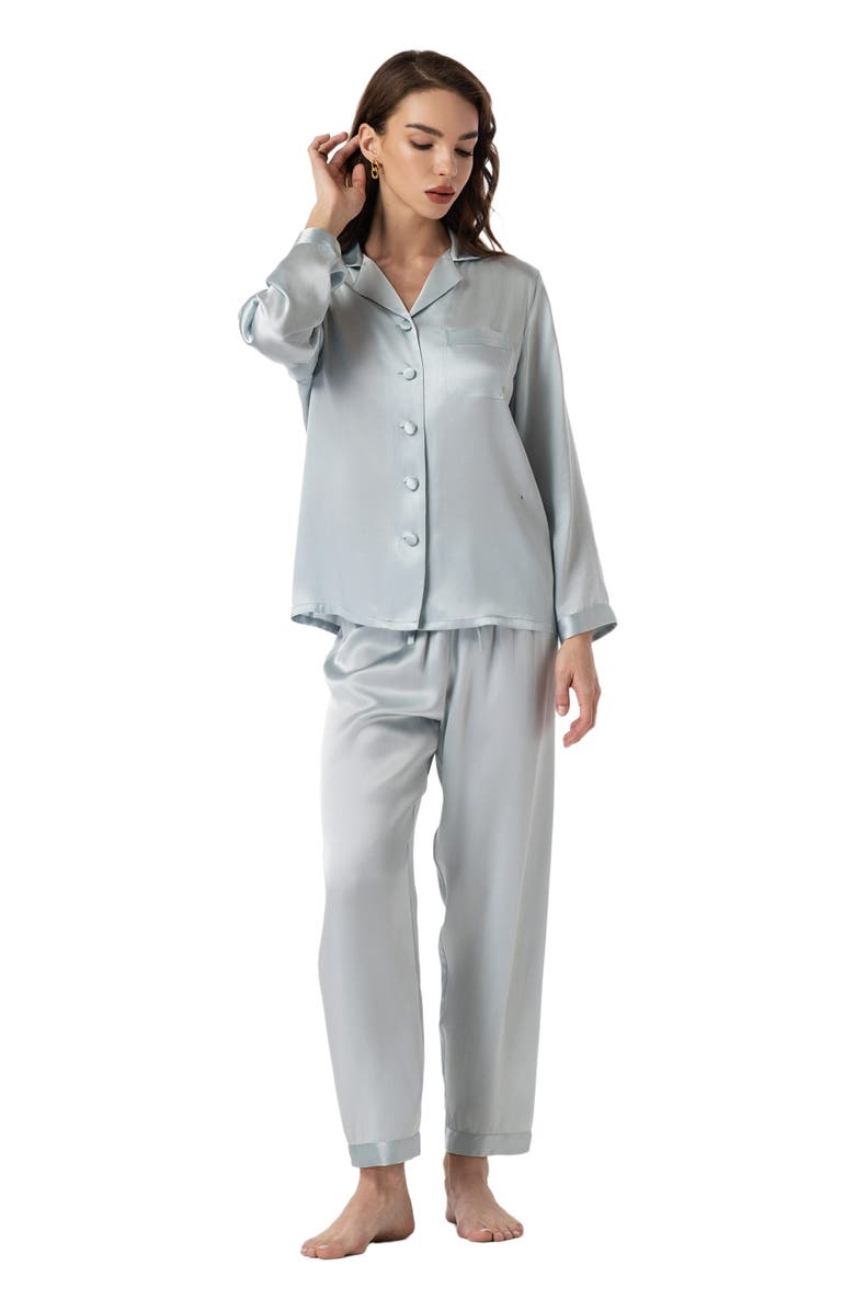 SILKSILKY Silk Button Up Collared Women's Pajama Set, Alternate, color, Light Blue