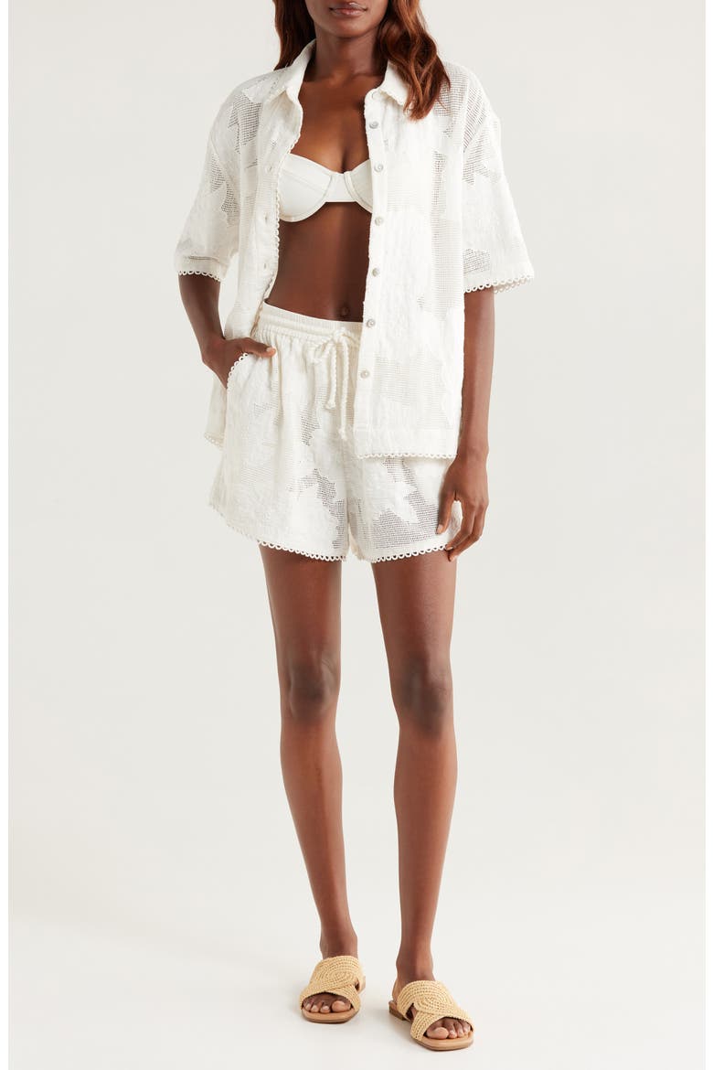 White Flower Linen Cover-Up Shirt, Main, color, WHITE