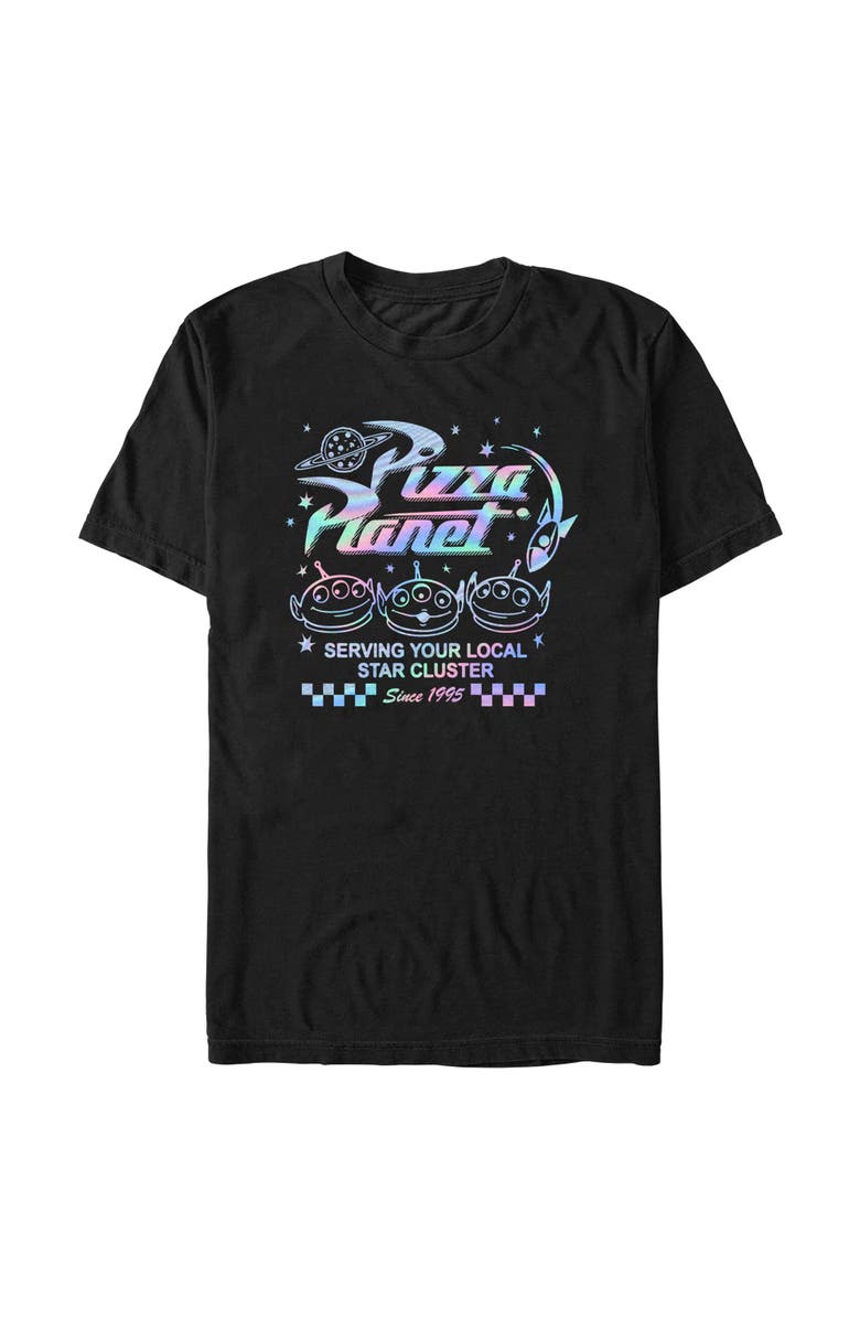 Toy Story Men's Toy Story Holographic Pizza Planet Aliens Graphic T-Shirt, Alternate, color, Black