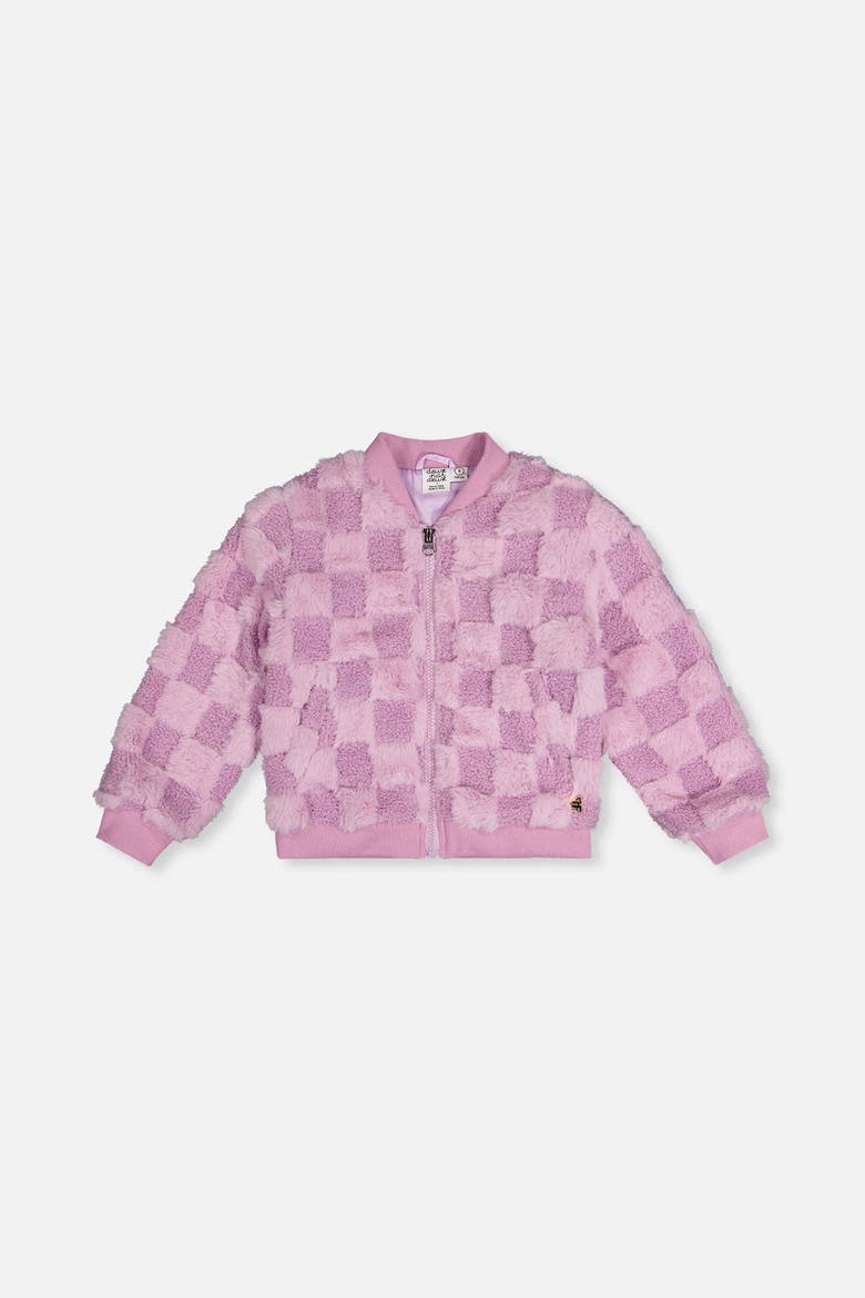 Faux Fur Jacquard Checkerboard Front Pocket Bomber Jacket, Main, color, Violet