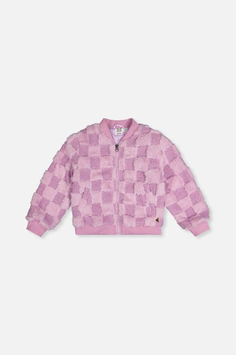Faux Fur Jacquard Checkerboard Front Pocket Bomber Jacket