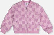 Deux par Deux Faux Fur Jacquard Checkerboard Front Pocket Bomber Jacket