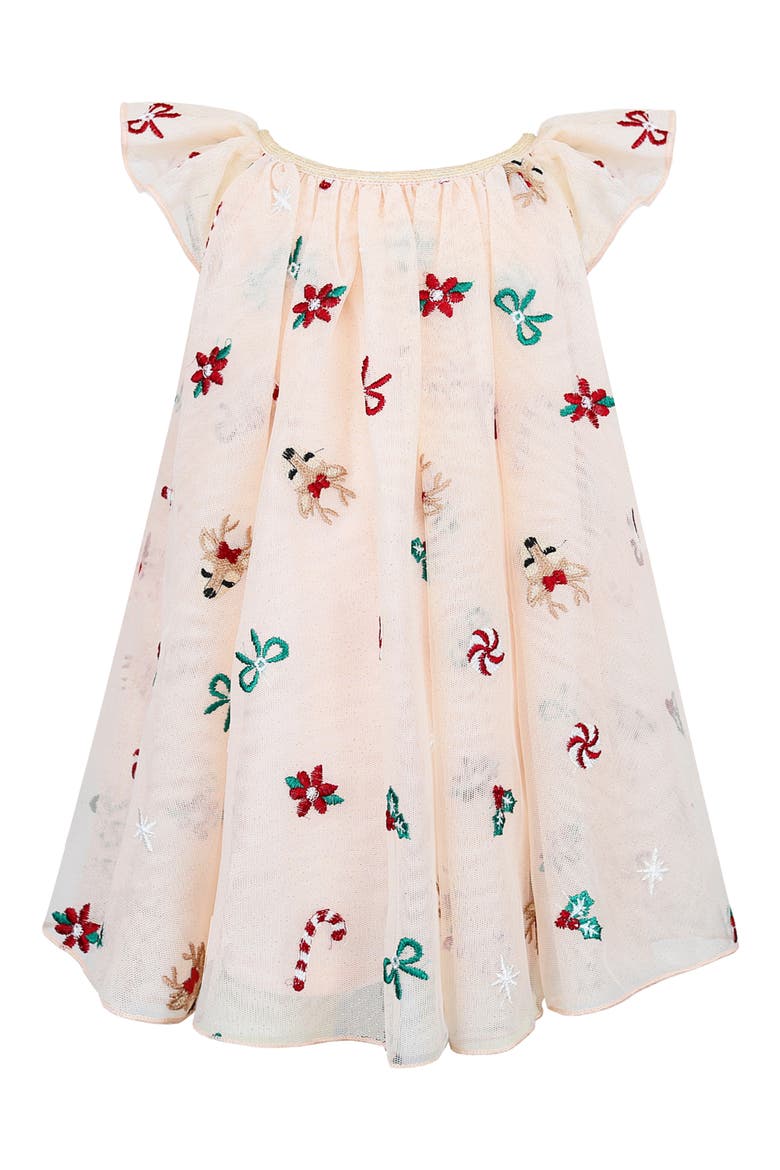 Holiday Icon Embroidered Flutter Sleeve Glitter Mesh Dress, Main, color, CHAMPAGNE