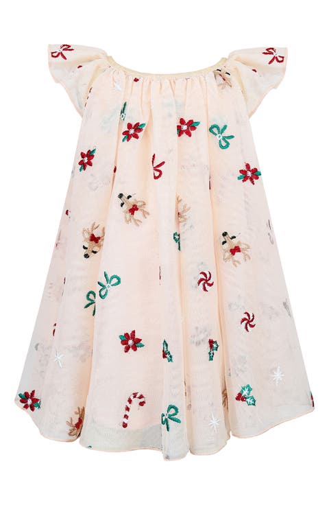 Holiday Icon Embroidered Flutter Sleeve Glitter Mesh Dress