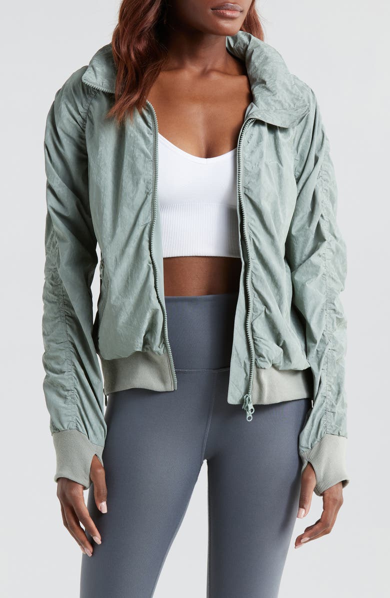 Blanc Noir Regina Water Repellent Ruched Bomber Jacket, Main, color,