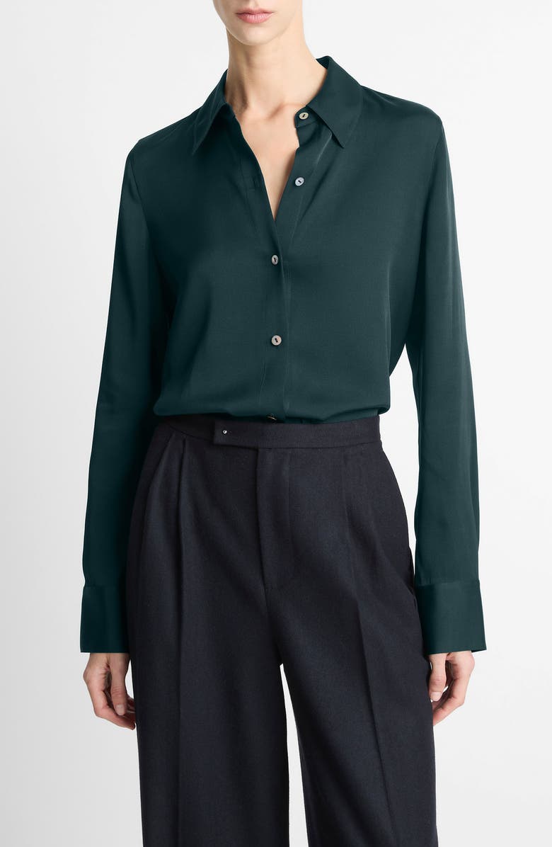 Vince Slim Fit Silk Blend Button-Up Shirt, Main, color, Juniper