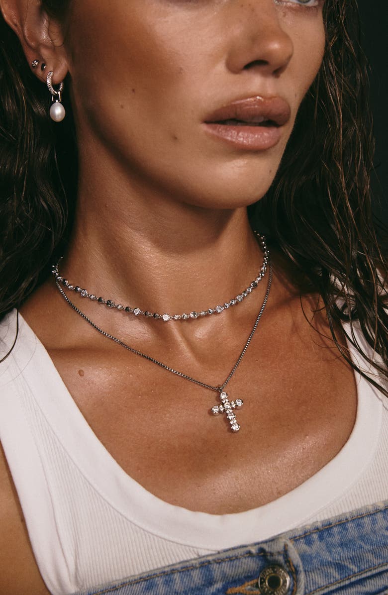 Luv AJ Amalfi Freshwater Pearl Pavé Drop Huggie Earrings, Alternate, color,