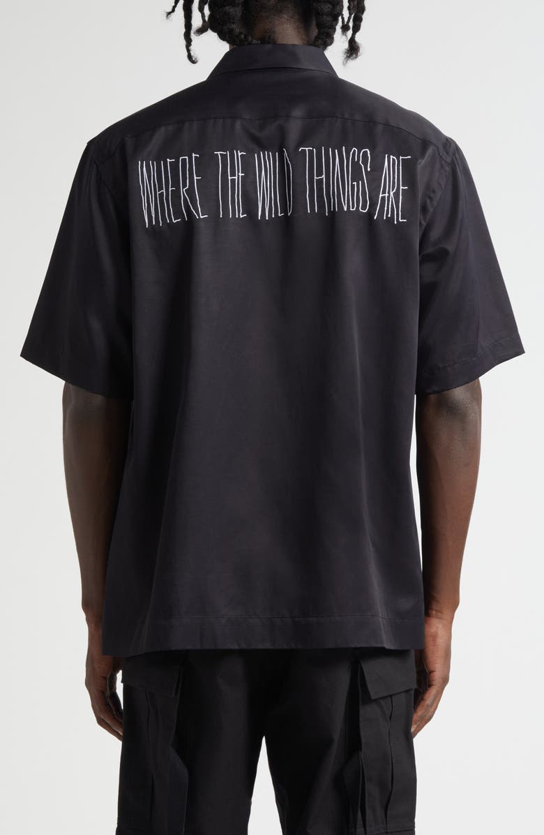 Sacai Where the Wild Things Are Embroidered Satin Camp Shirt, Alternate, color, Black