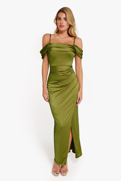 Popilush Shapewear Off Shoulder Shine Ruched Sculpting Maxi Dress In Olive