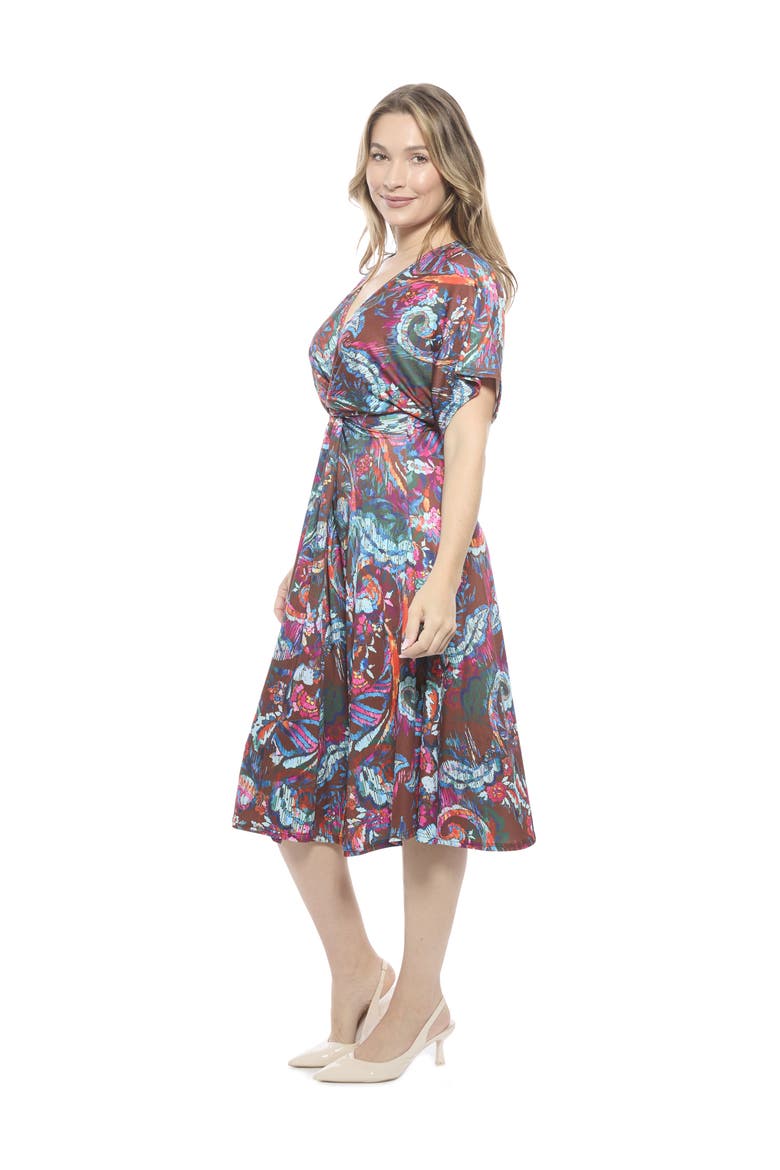 Womens Abstract V-Neck Short Dolman Sleeve Twist Front A-Line Midi Dress, Alternate, color, Brown Multi