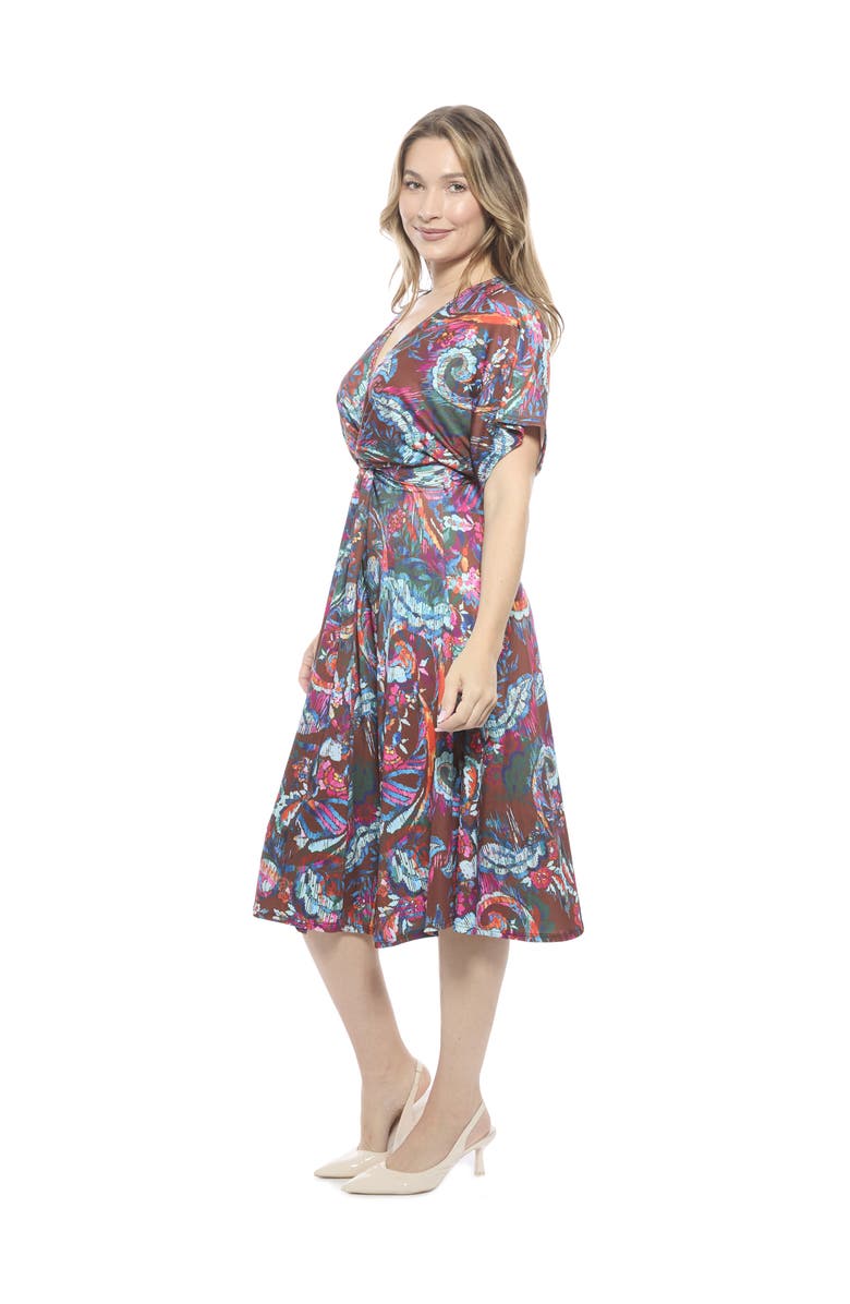 24seven Comfort Apparel Womens Abstract V-Neck Short Dolman Sleeve Twist Front A-Line Midi Dress, Alternate, color, Brown Multi