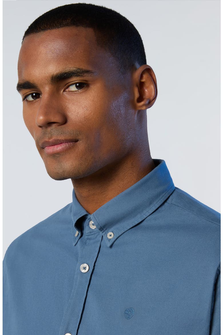Logo Embroidered Cotton Gabardine Button-Down Shirt, Alternate, color, WINTER SEA