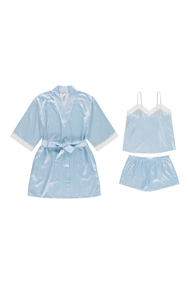 Sabrina Bow Print Satin Short Pajamas & Robe Set, Alternate, color, SOFT BLUE