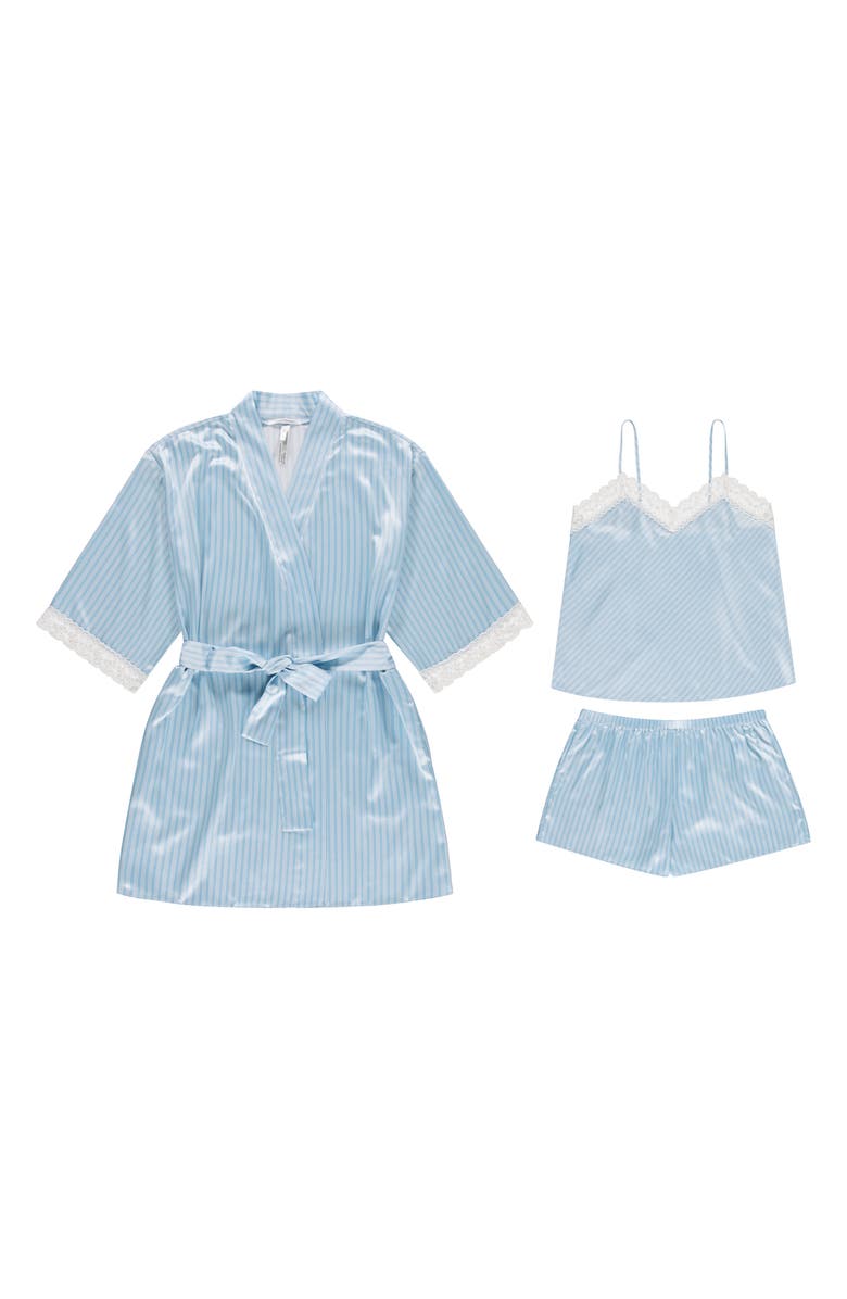 Flora Nikrooz Sabrina Bow Print Satin Short Pajamas & Robe Set, Alternate, color, Soft Blue