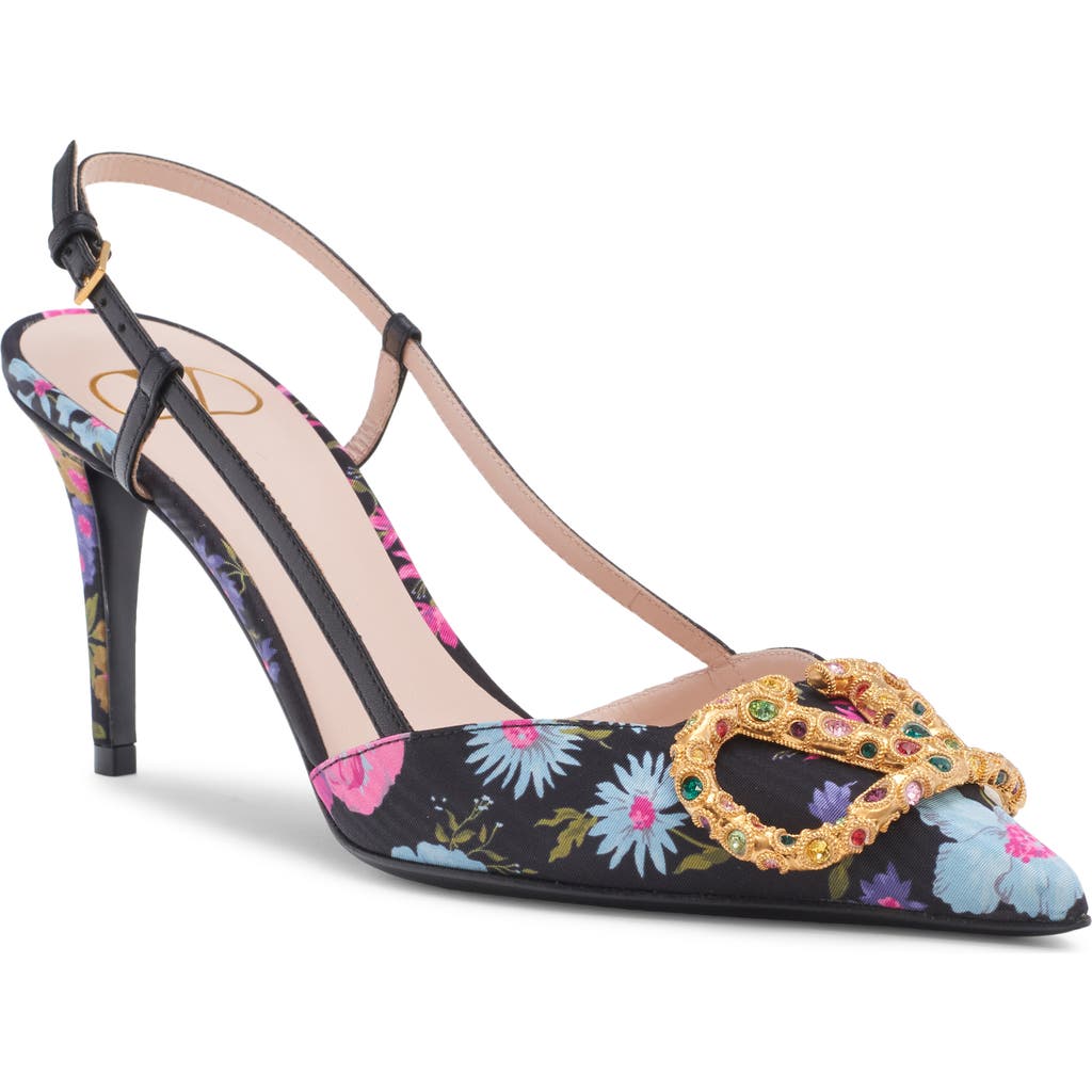 Valentino Floral Print Stiletto Heels With Gold Embellishment In Nero Multi